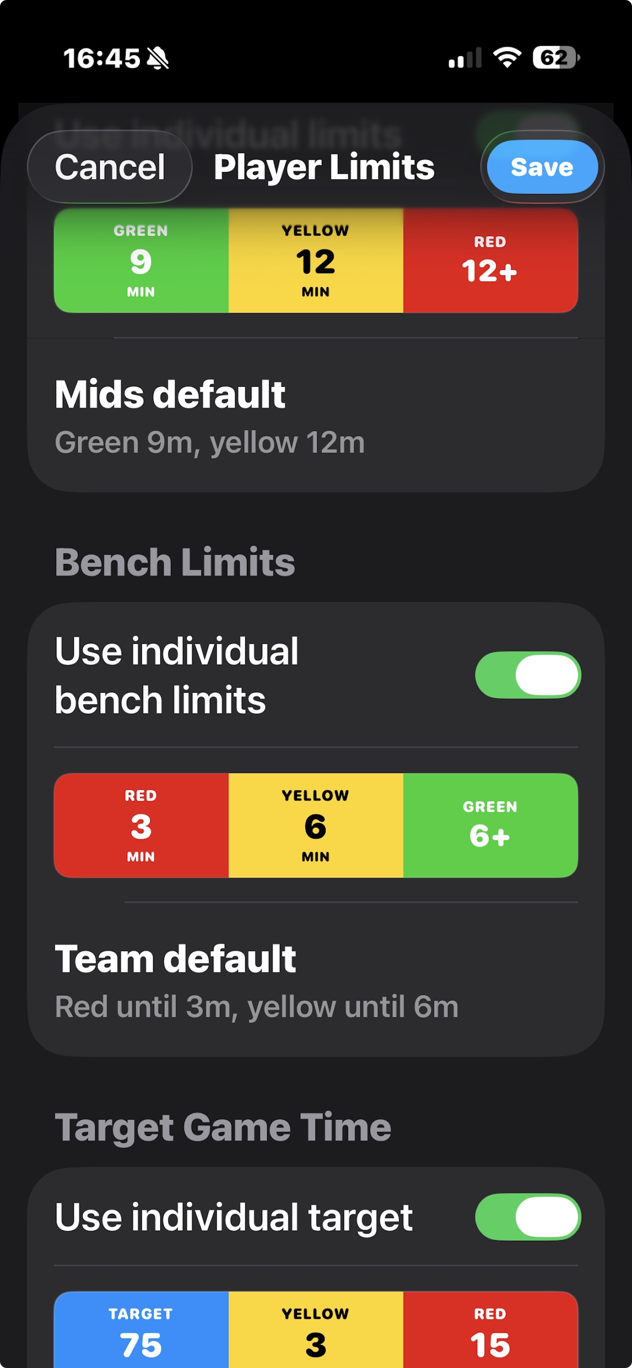 Individual player limits and target game-time settings
